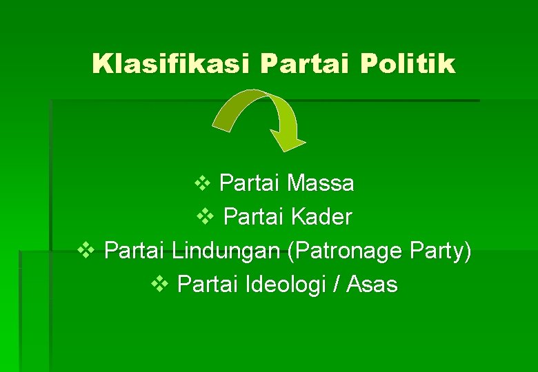 Klasifikasi Partai Politik v Partai Massa v Partai Kader v Partai Lindungan (Patronage Party)