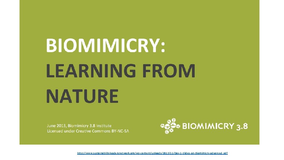 http: //www. sustainabilityleadersnetwork. org/wp-content/uploads/2013/11/Day-1 -Slides-on-Biomimicry-advanced. pdf 