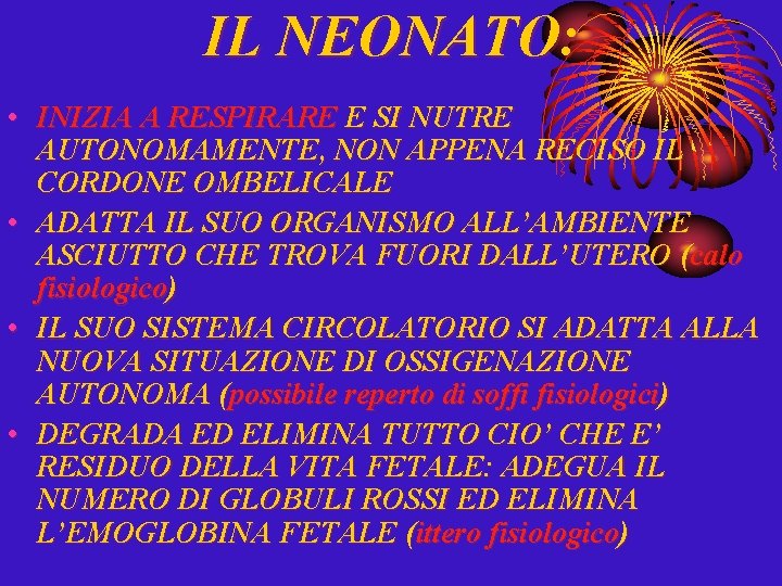 IL NEONATO: • INIZIA A RESPIRARE E SI NUTRE AUTONOMAMENTE, NON APPENA RECISO IL