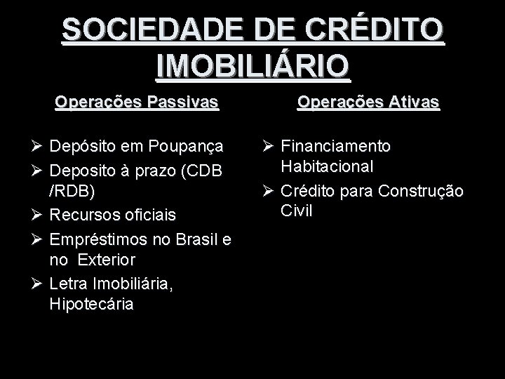 SOCIEDADE DE CRÉDITO IMOBILIÁRIO Operações Passivas Ø Depósito em Poupança Ø Deposito à prazo