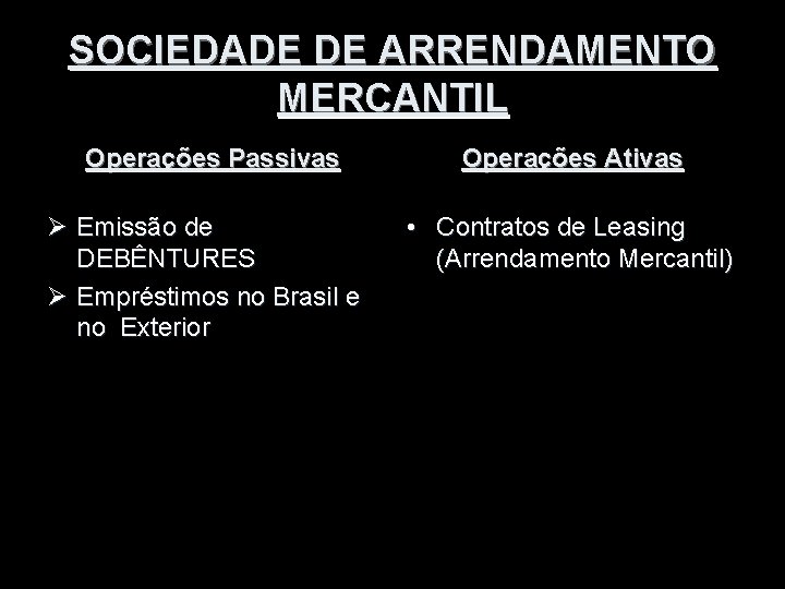 SOCIEDADE DE ARRENDAMENTO MERCANTIL Operações Passivas Ø Emissão de DEBÊNTURES Ø Empréstimos no Brasil
