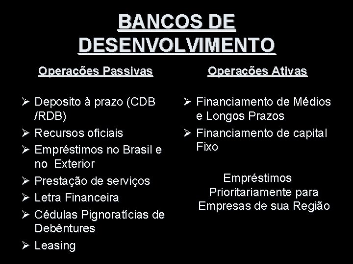 BANCOS DE DESENVOLVIMENTO Operações Passivas Operações Ativas Ø Deposito à prazo (CDB /RDB) Ø