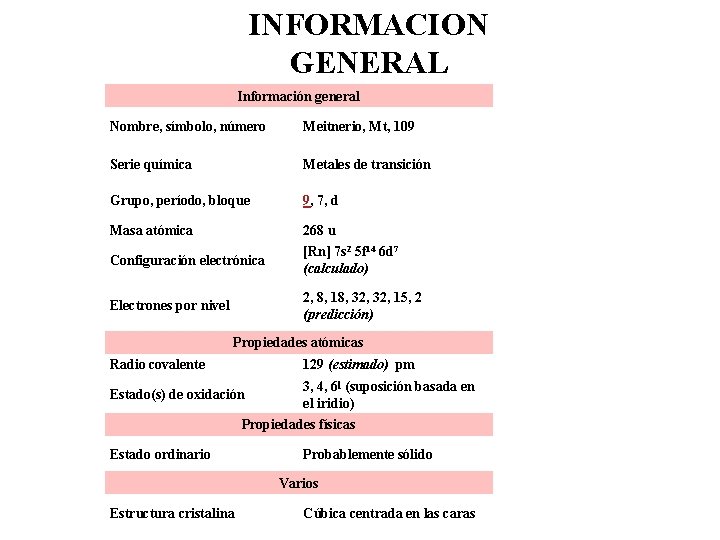 INFORMACION GENERAL Información general Nombre, símbolo, número Meitnerio, Mt, 109 Serie química Metales de