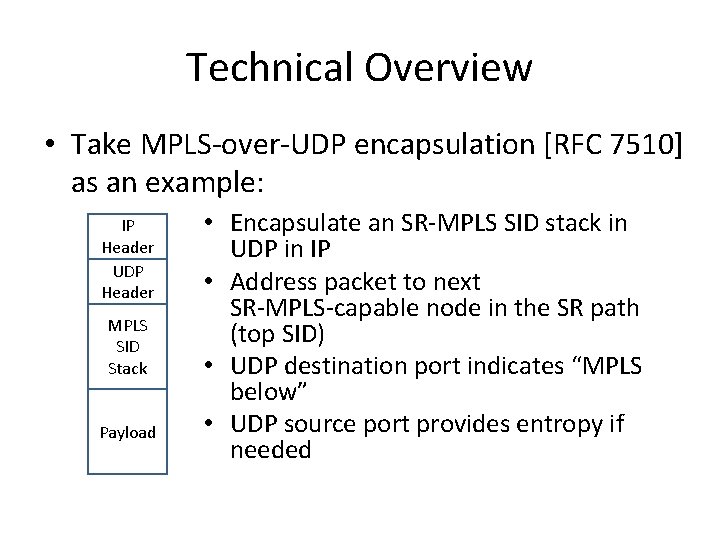 Technical Overview • Take MPLS-over-UDP encapsulation [RFC 7510] as an example: IP Header UDP