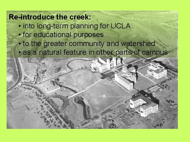 Re-introduce the creek: • into long-term planning for UCLA • for educational purposes •