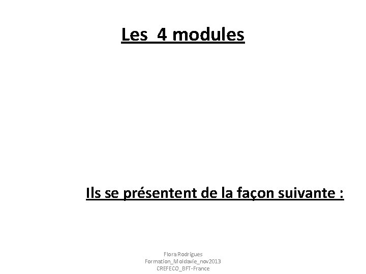 Les 4 modules Ils se présentent de la façon suivante : Flora Rodrigues Formation_Moldavie_nov