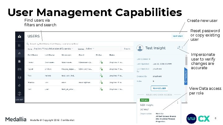 User Management Capabilities Find users via filters and search Create new user Reset password