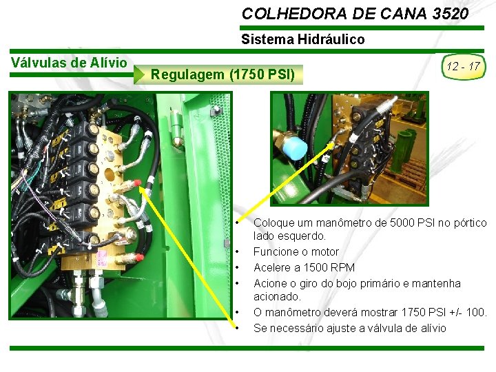 COLHEDORA DE CANA 3520 Sistema Hidráulico Válvulas de Alívio Regulagem (1750 PSI) • •