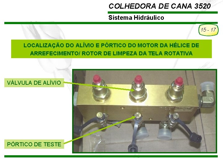 COLHEDORA DE CANA 3520 Sistema Hidráulico 15 - 17 LOCALIZAÇÃO DO ALÍVIO E PÓRTICO