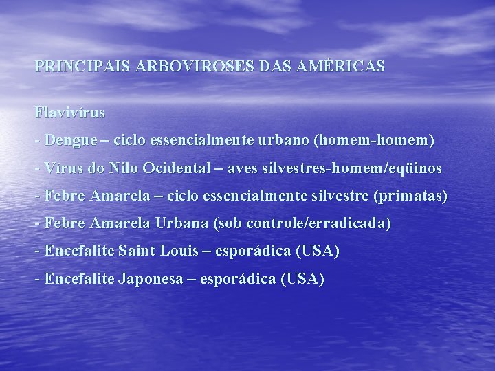 PRINCIPAIS ARBOVIROSES DAS AMÉRICAS Flavivírus - Dengue – ciclo essencialmente urbano (homem-homem) - Vírus