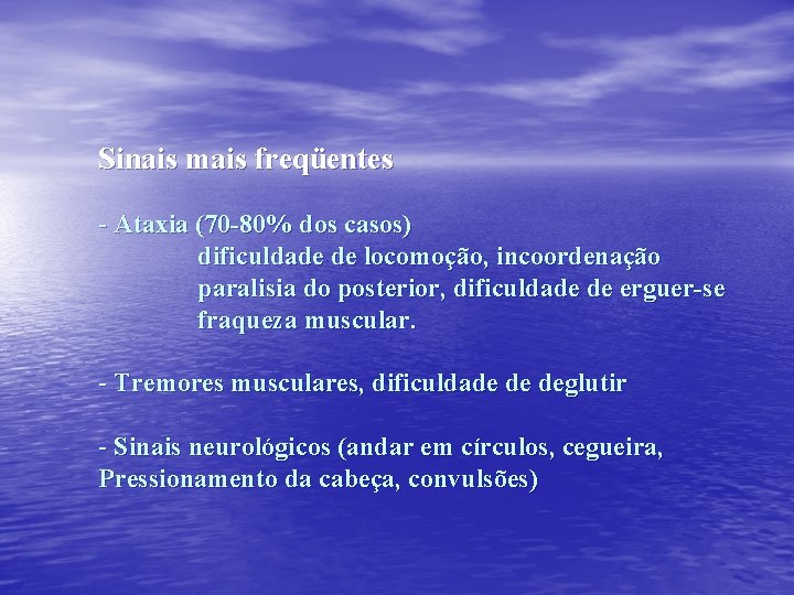 Sinais mais freqüentes - Ataxia (70 -80% dos casos) dificuldade de locomoção, incoordenação paralisia