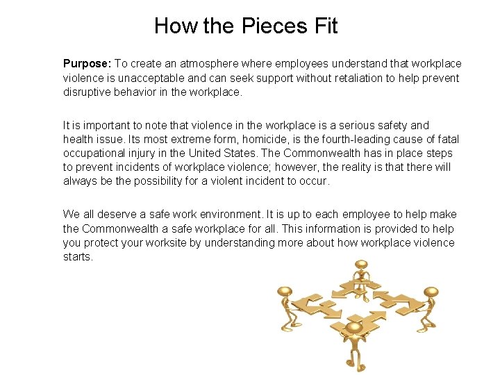 How the Pieces Fit Purpose: To create an atmosphere where employees understand that workplace