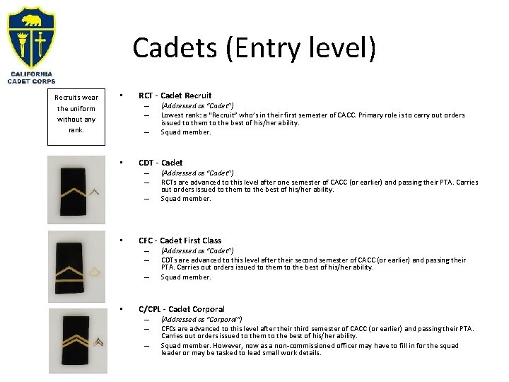 Cadets (Entry level) Recruits wear the uniform without any rank. • RCT - Cadet