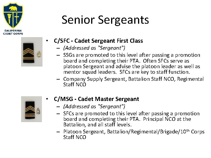 Senior Sergeants • C/SFC - Cadet Sergeant First Class – (Addressed as "Sergeant") –