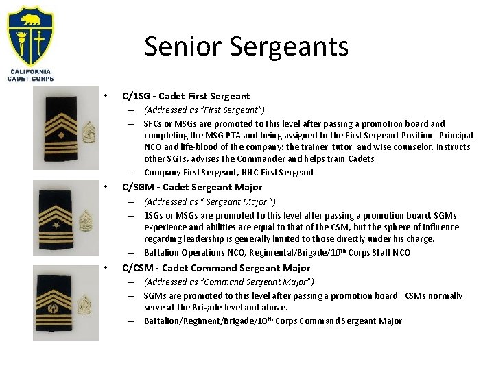 Senior Sergeants • C/1 SG - Cadet First Sergeant – (Addressed as "First Sergeant")