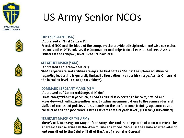 US Army Senior NCOs FIRST SERGEANT (1 SG) (Addressed as "First Sergeant") Principal NCO