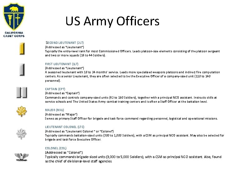 US Army Officers SECOND LIEUTENANT (2 LT) (Addressed as "Lieutenant") Typically the entry-level rank