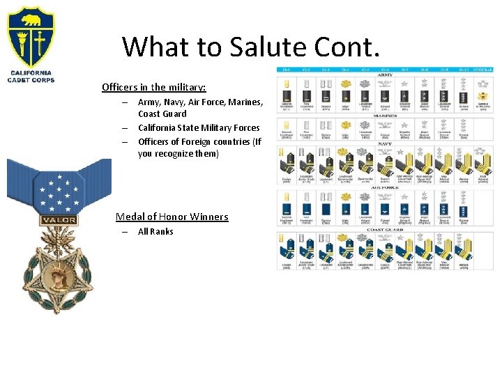 What to Salute Cont. Officers in the military: – Army, Navy, Air Force, Marines,