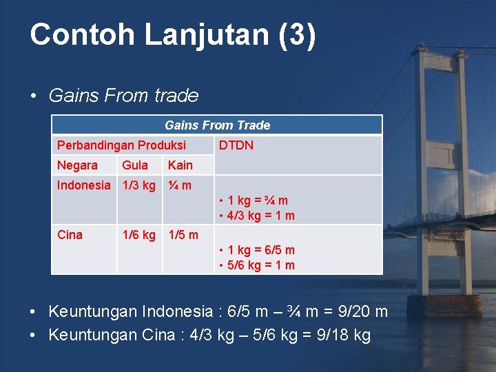 Contoh Lanjutan (3) • Gains From trade Gains From Trade Perbandingan Produksi Negara Gula