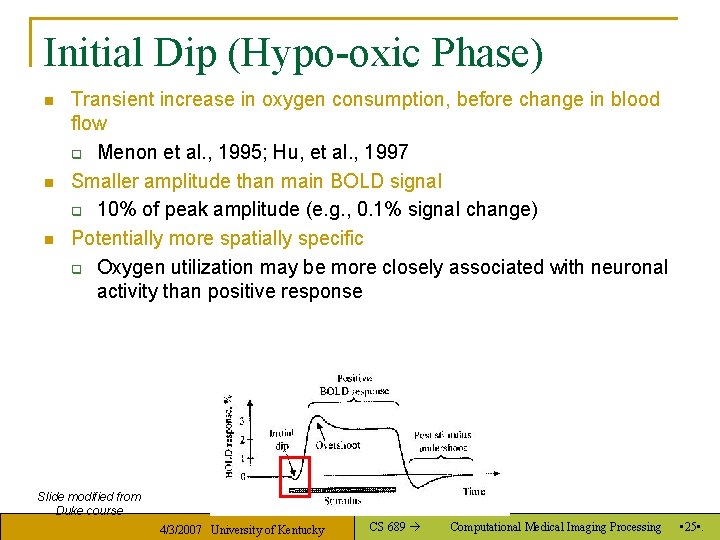 Initial Dip (Hypo-oxic Phase) n n n Transient increase in oxygen consumption, before change