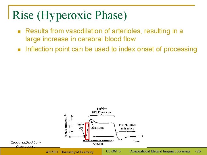 Rise (Hyperoxic Phase) n n Results from vasodilation of arterioles, resulting in a large