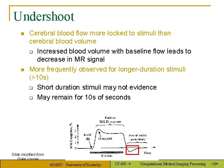 Undershoot n n Cerebral blood flow more locked to stimuli than cerebral blood volume
