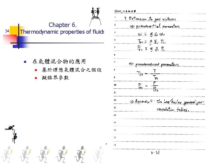 Chapter 6. 34 Thermodynamic properties of fluids n 在氣體混合物的應用 n n 基於理想氣體混合之假設 擬臨界參數 