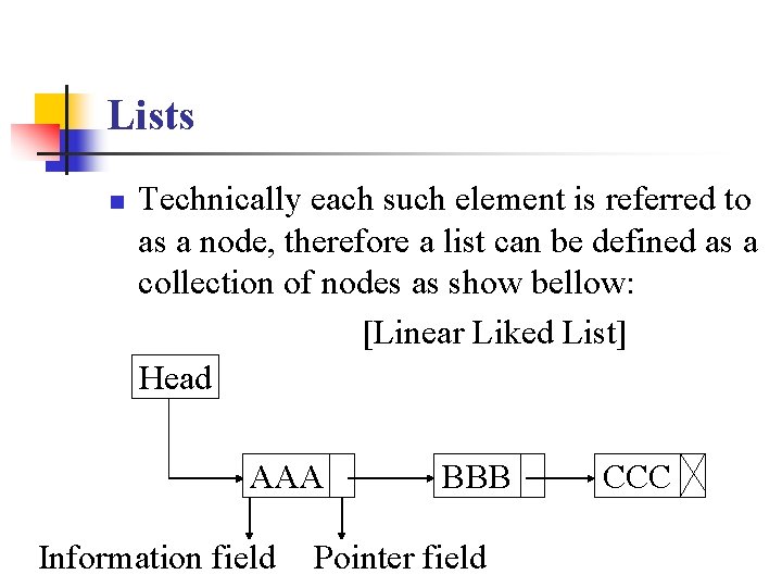 Lists n Technically each such element is referred to as a node, therefore a