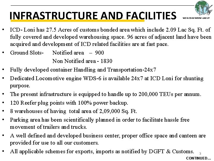 INFRASTRUCTURE AND FACILITIES WORLDS WINDOW GROUP • ICD- Loni has 27. 5 Acres of INFRASTRUCTURE AND FACILITIES WORLDS WINDOW GROUP • ICD- Loni has 27. 5 Acres of