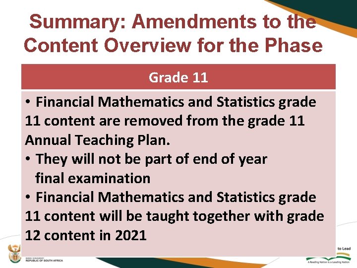Summary: Amendments to the Content Overview for the Phase Grade 11 • Financial Mathematics