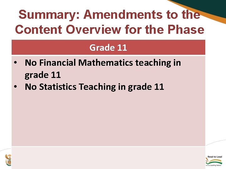 Summary: Amendments to the Content Overview for the Phase Grade 11 • No Financial