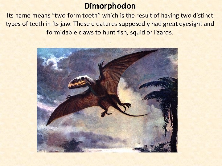 Dimorphodon Its name means “two-form tooth” which is the result of having two distinct