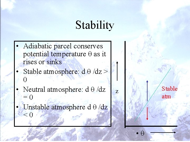 Stability • Adiabatic parcel conserves potential temperature q as it rises or sinks • Stability • Adiabatic parcel conserves potential temperature q as it rises or sinks •