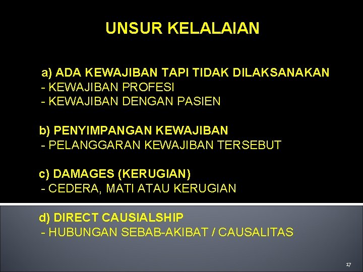 UNSUR KELALAIAN a) ADA KEWAJIBAN TAPI TIDAK DILAKSANAKAN - KEWAJIBAN PROFESI - KEWAJIBAN DENGAN