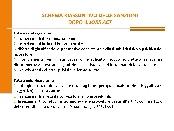 SCHEMA RIASSUNTIVO DELLE SANZIONI DOPO IL JOBS ACT Tutela reintegratoria: 1. licenziamenti discriminatori o