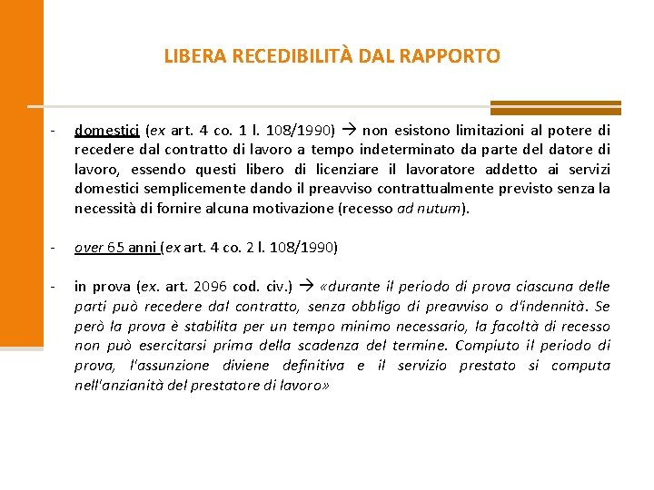 LIBERA RECEDIBILITÀ DAL RAPPORTO - domestici (ex art. 4 co. 1 l. 108/1990) non