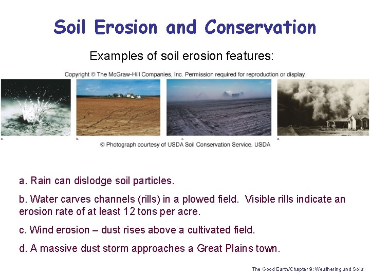 Soil Erosion and Conservation Examples of soil erosion features: a. Rain can dislodge soil