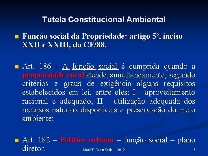 Tutela Constitucional Ambiental n Função social da Propriedade: artigo 5º, inciso XXII e XXIII,