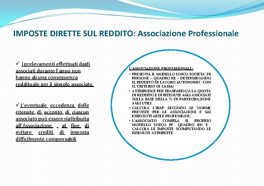 IMPOSTE DIRETTE SUL REDDITO: Associazione Professionale ü I prelevamenti effettuati dagli associati durante l’anno