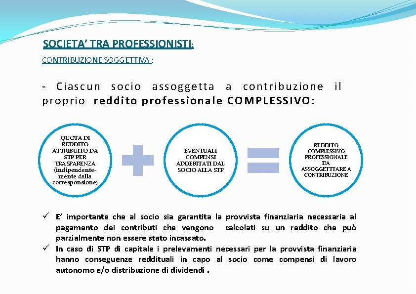 SOCIETA’ TRA PROFESSIONISTI: CONTRIBUZIONE SOGGETTIVA : - Ciascun socio assoggetta a contribuzione il proprio