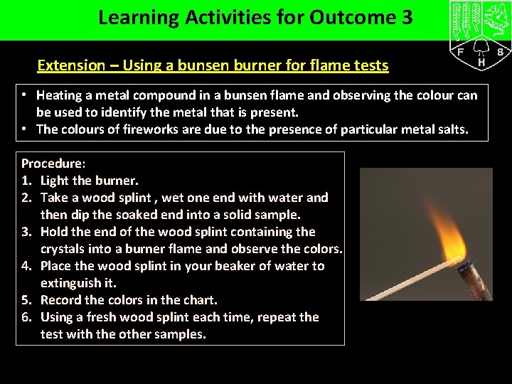 Learning Activities for Outcome 3 Extension – Using a bunsen burner for flame tests