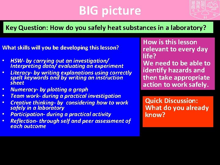 BIG picture Key Question: How do you safely heat substances in a laboratory? What