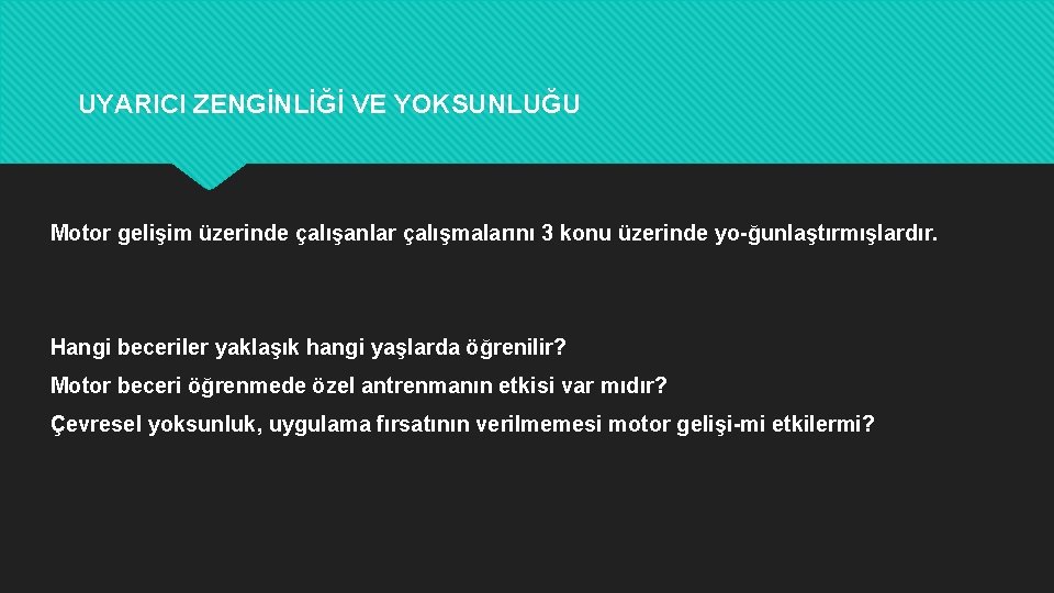 UYARICI ZENGİNLİĞİ VE YOKSUNLUĞU Motor gelişim üzerinde çalışanlar çalışmalarını 3 konu üzerinde yo ğunlaştırmışlardır.