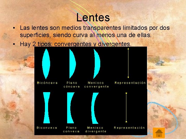 Lentes • Las lentes son medios transparentes limitados por dos superficies, siendo curva al