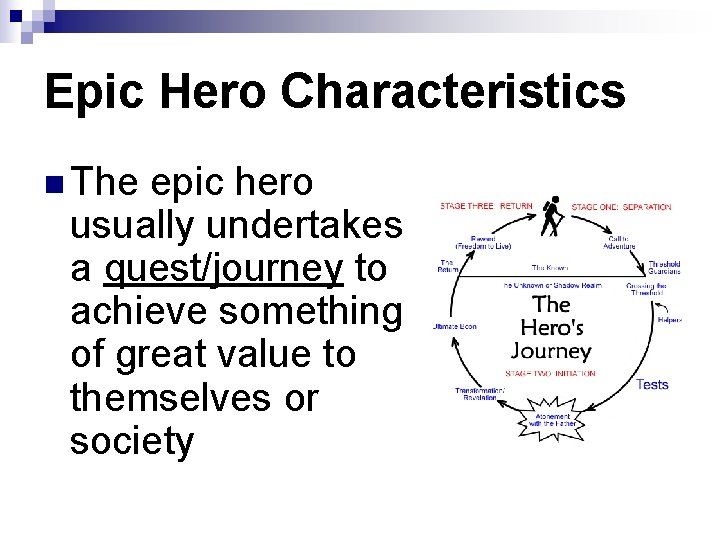 Epic Hero Characteristics n The epic hero usually undertakes a quest/journey to achieve something
