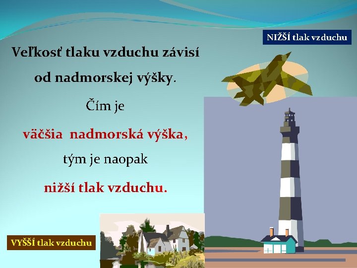 NIŽŠÍ tlak vzduchu Veľkosť tlaku vzduchu závisí od nadmorskej výšky. Čím je väčšia nadmorská