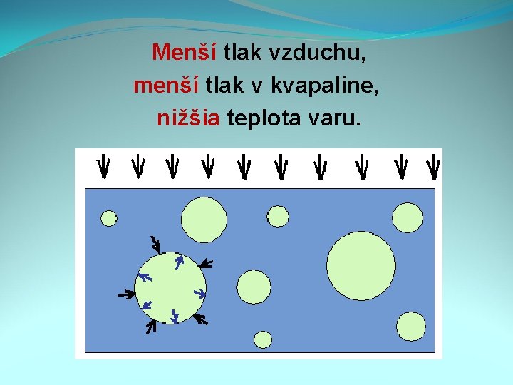 Menší tlak vzduchu, menší tlak v kvapaline, nižšia teplota varu. 