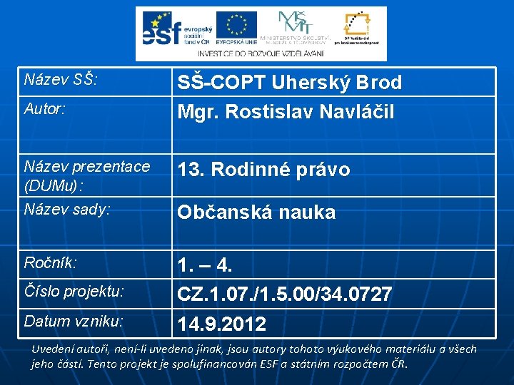Název SŠ: Autor: SŠ-COPT Uherský Brod Mgr. Rostislav Navláčil Název prezentace (DUMu): Název sady: