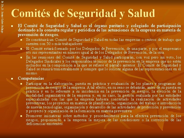 Pr. Dr, D. Javier Calvo Gallego Comités de Seguridad y Salud n El Comité