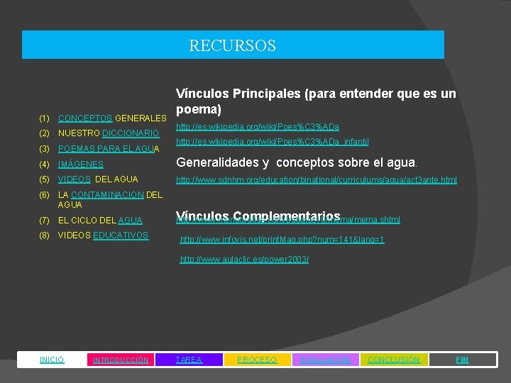 RECURSOS (1) CONCEPTOS GENERALES (2) NUESTRO DICCIONARIO (3) POEMAS PARA EL AGUA Vínculos Principales RECURSOS (1) CONCEPTOS GENERALES (2) NUESTRO DICCIONARIO (3) POEMAS PARA EL AGUA Vínculos Principales